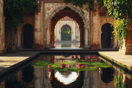A beautiful view of a pond with a palace in the backgroundの素材