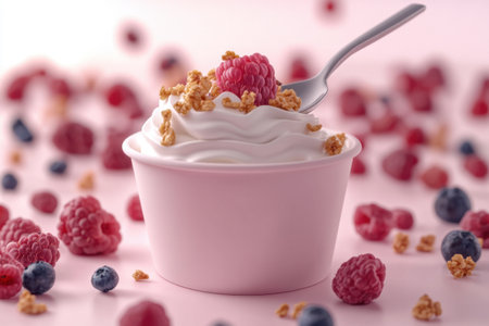 A white container of yogurt with raspberries and granola on topの素材