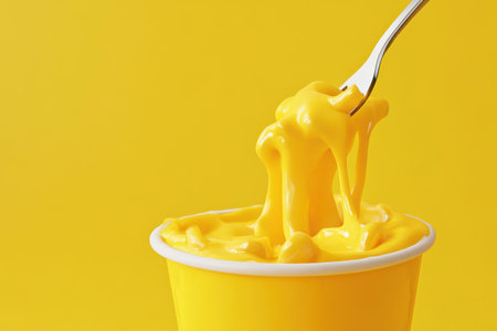 A fork is in a yellow bowl of cheese. The bowl is half full and the cheese is dripping out of itの素材