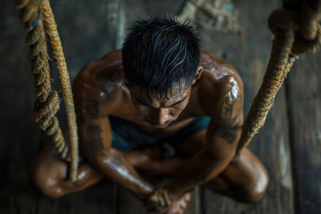 A man in a boxing ring with ropes around himの素材
