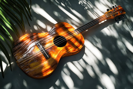 A guitar with a brown and black design sits on a sandy surface. The sun casts a shadow on the guitar, creating a warm and inviting atmosphereの素材