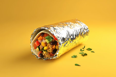 A silver foil wrapped burrito is on a backgroundの素材