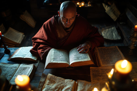A monk is sitting at a table with several books open in front of himの素材