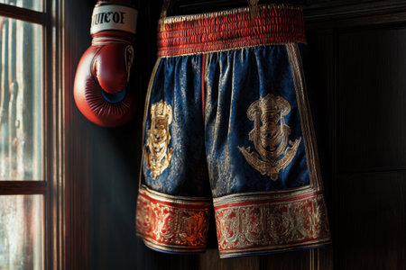 A pair of boxing shorts with a red and gold design hanging on a door. The shorts are blue and red and have a gold trimの素材
