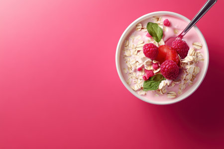 A bowl of oatmeal with blueberries and raspberries on topの素材