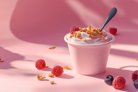 A white container of yogurt with raspberries and granola on topの素材