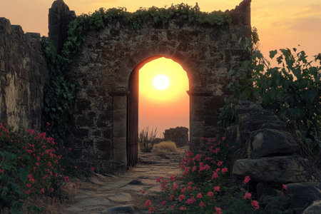 A stone archway with a view of the ocean and a field of flowersの素材