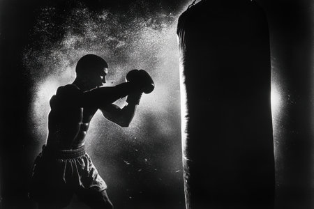 A man is boxing in a gym with a bagの素材