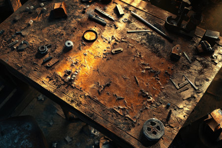 A table with a lot of tools and junk on it. The table is covered in rust and has a worn appearance. The scene gives off a sense of disorganization and neglectの素材