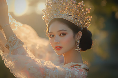 A woman wearing a golden crown is standing in a fieldの素材
