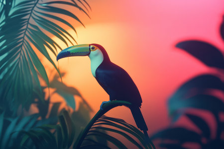 A colorful bird is standing in front of green leavesの素材