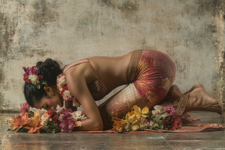 A woman is laying on the ground with flowers around her. The flowers are of different colors and sizes, and they are scattered around her. The woman is wearing a red dress, and she is in a relaxedの素材