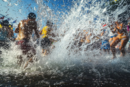 A group of people are playing with water guns on a beach. Scene is fun and playfulの素材