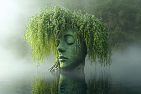 A tree with a face on it is surrounded by water. The face is green and has a peaceful expression. Concept of calm and tranquilityの素材