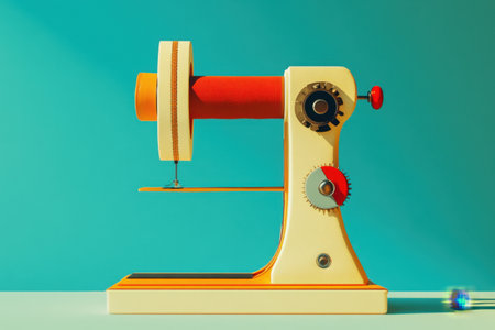 A vintage sewing machine with a red and yellow exterior. The machine is on a blue background. The machine is old fashioned and has a retro lookの素材