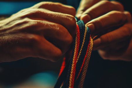 A man is tying a red rope around his hands. The rope is tied in a knot. The man is wearing a red shirtの素材