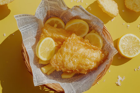 A basket of fish and fries sits on a backgroundの素材
