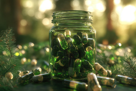 A jar of green pills is on a green backgroundの素材