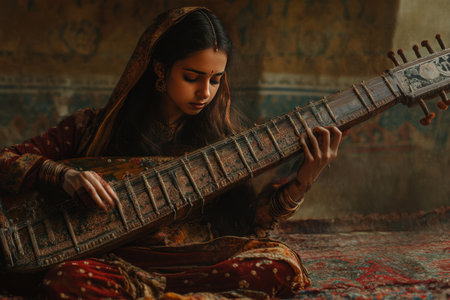 A woman is playing a guitar in a room with a plantの素材