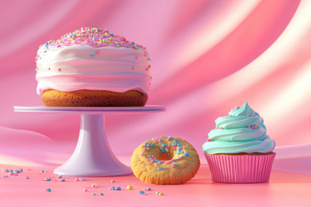 A cake with sprinkles on top sits on a plate on a tableの素材