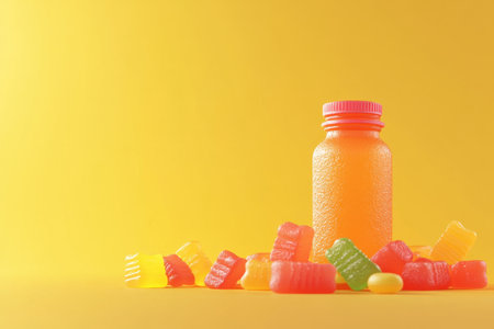 A bottle of candy is on a yellow background. The candy is colorful and there are many pieces of itの素材