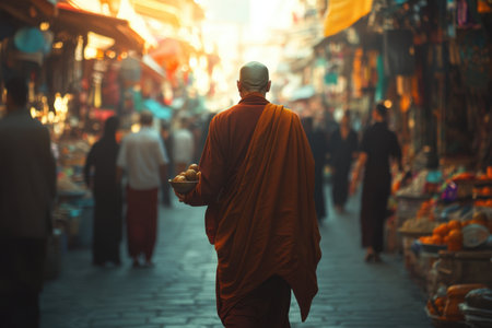 A monk carrying a basket of fruit is walking down a streetの素材