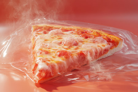 A slice of pizza is covered in melted cheese and is sitting on a plastic sheetの素材