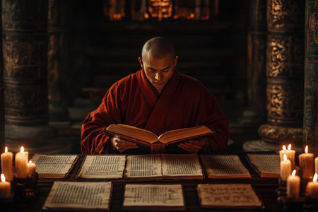 A monk is sitting at a table with several books open in front of himの素材