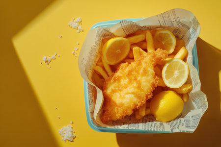 A basket of fish and fries sits on a backgroundの素材