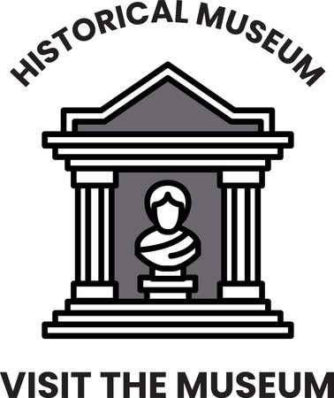 A black and white image of a building with a statue of a woman in front of it. The image is titled "Historical Museum" and is meant to encourage people to visit the museumのイラスト素材