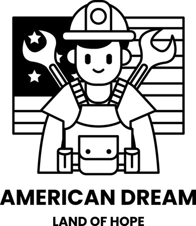 A man in a blue shirt and a hard hat is holding a wrench and a screwdriverのイラスト素材
