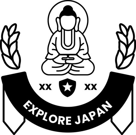A black and white logo with a Buddha statue sitting cross legged and a star in the middleのイラスト素材