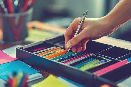 A person is reaching into a box of pens and pencilsの素材