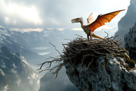 A dragon is perched on a nest of twigs on a rocky mountain. Concept of adventure and danger, as the dragon is a powerful and fearsome creatureの素材