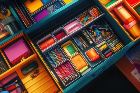 A colorful assortment of pens, pencils, and other office supplies. The colors are bright and vibrant, creating a cheerful and lively atmosphere. Concept of creativity and productivityの素材