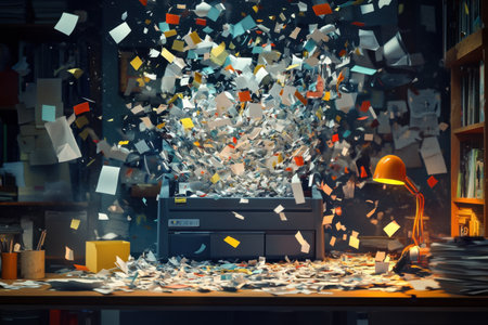 A printer is spewing out paper in a room with a wallの素材