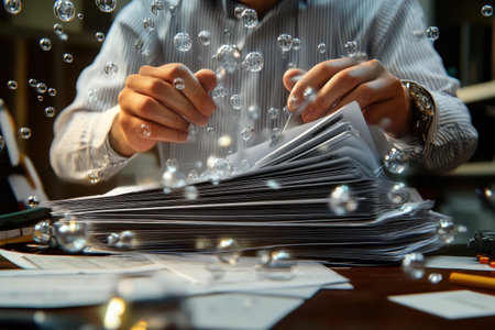 A person is reaching for a stack of papers on a desk. The papers are piled high and the person's hand is hovering over them. The scene suggests a sense of urgency or importanceの素材