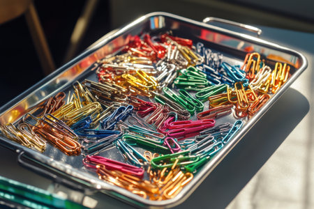 A tray full of colorful paper clipsの素材