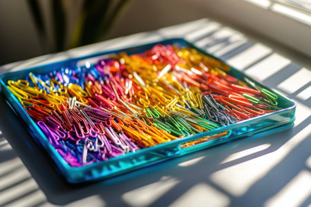 A blue tray full of colorful paper clips. The tray is on a white table. The paper clips are of different colors and sizesの素材