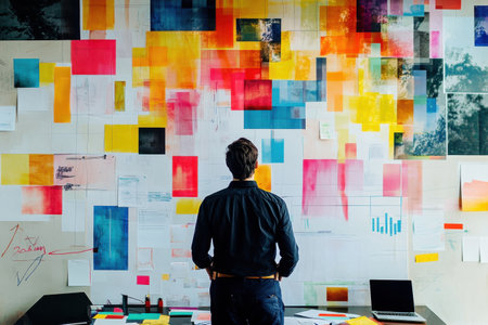 A person is painting a large canvas with a variety of colorsの素材