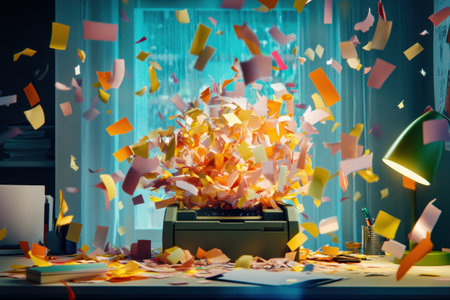 A printer is spewing out paper in a room with a wallの素材