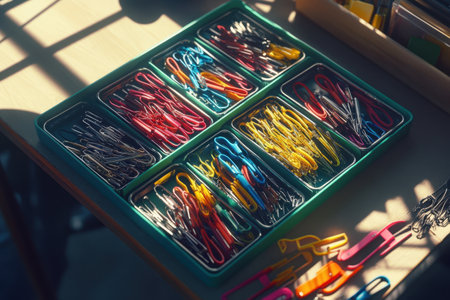 A tray full of colorful paper clipsの素材