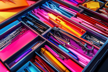 A colorful assortment of pens, pencils, and other office supplies. The colors are bright and vibrant, creating a cheerful and lively atmosphere. Concept of creativity and productivityの素材