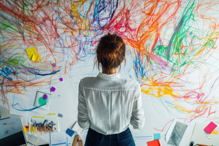A person is painting a large canvas with a variety of colorsの素材