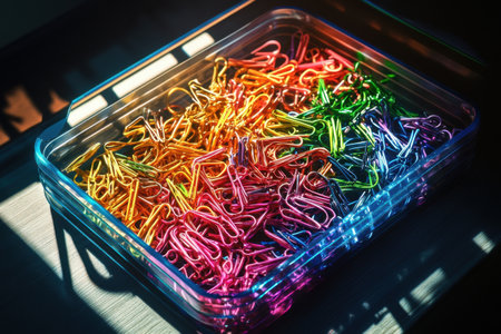 A tray full of colorful paper clipsの素材