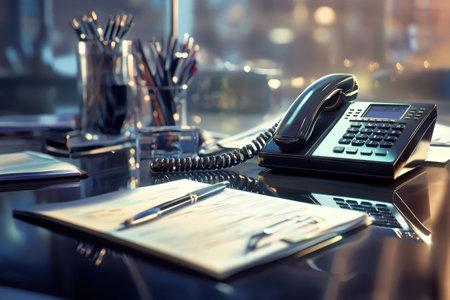 A desk with a phone, pen, and a glass of water. The desk is cluttered with papers and the phone is on top of themの素材