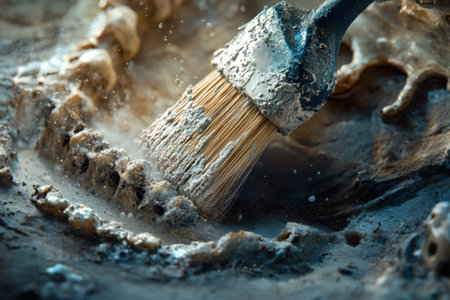 A brush is being used to clean a fossilized dinosaur toothの素材
