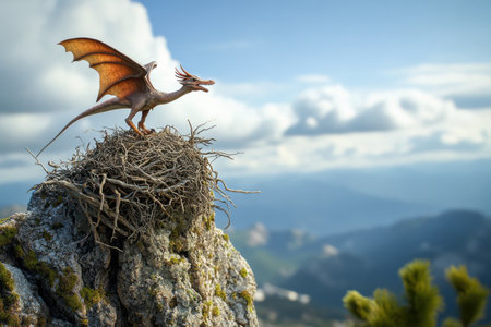 A dragon is perched on a nest of twigs on a rocky mountainの素材