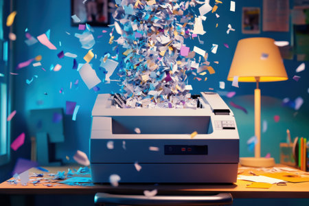 A printer is spewing out paper in a room with a blue wall. The scene is chaotic and messy, with paper flying everywhere. The printer is the main focus of the image, and it is malfunctioning or brokenの素材
