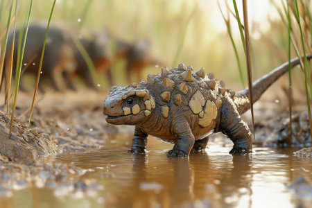 A dinosaur with spikes on its head is standing in a body of water. The dinosaur appears to be looking at the cameraの素材